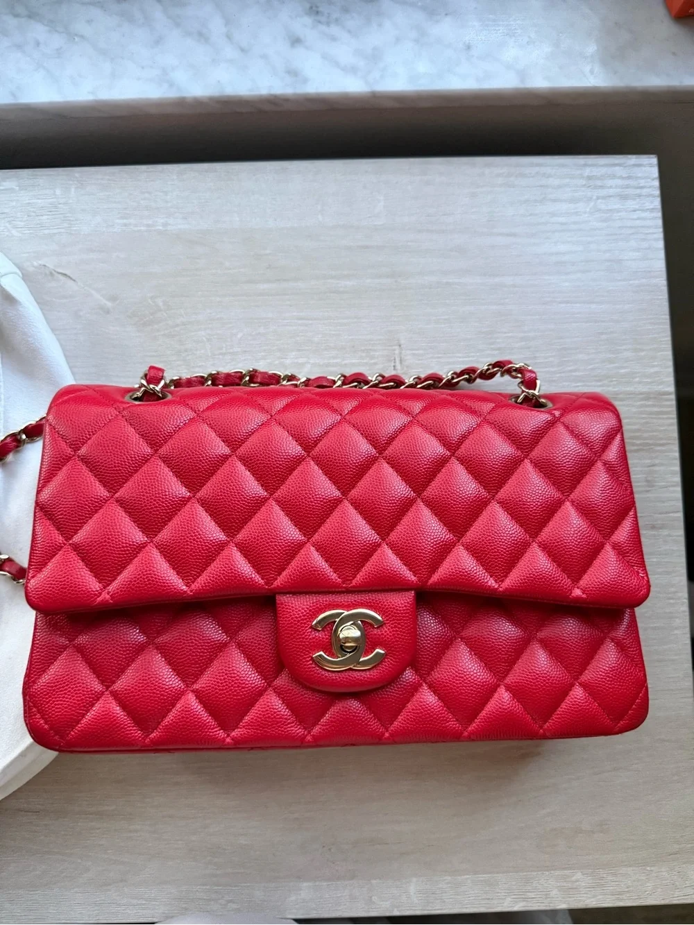 Chanel Red Quilted Classic Double Flap Shoulder Bag with Gold Hardware